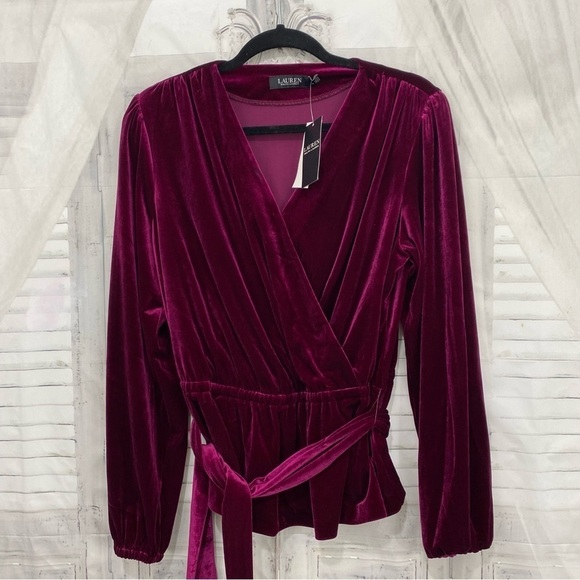 NEW Ralph Lauren Size M Medium Garnet Pink Solid Velvet Belted Peplum Blouse Top - Picture 8 of 12